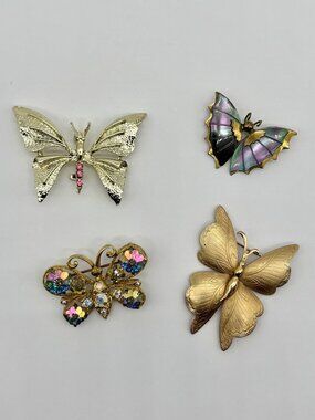 Lot of 4 Vintage Butterfly Brooches Gold-Tone Rhinestones Abalone Shell Unsigned